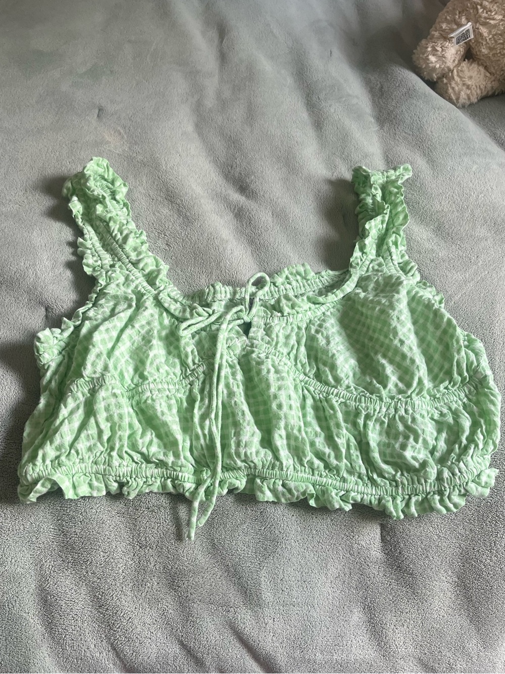 Anthropologie Light Green Gingham Ruffle Crop Top Size XL